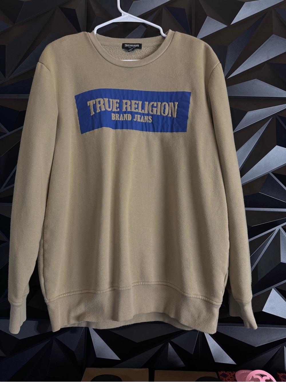 True Religion Tan Crewneck Sweatshirt with Blue Logo Patch